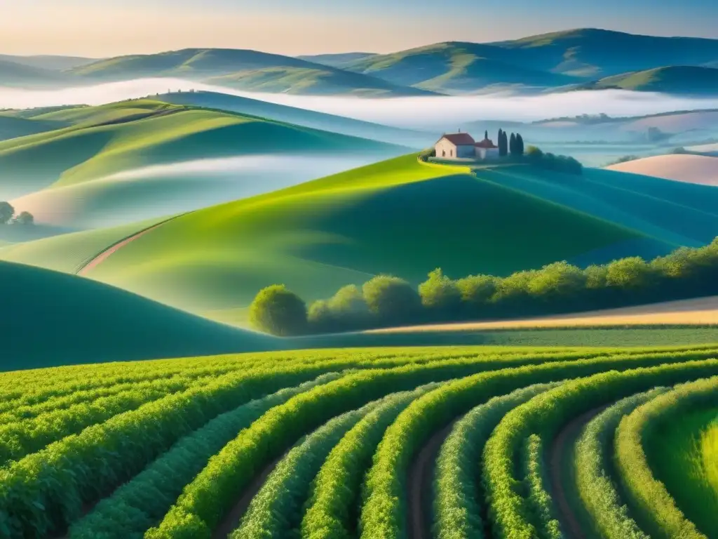 Tranquila vista rural con campos verdes y cielo azul, simbolizando beneficios biomasa economía rural