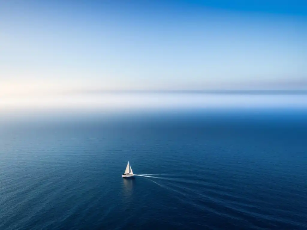 Un tranquilo océano con un velero solitario en el horizonte, resaltando la belleza y la necesidad de Colaboraciones globales sostenibilidad marítima