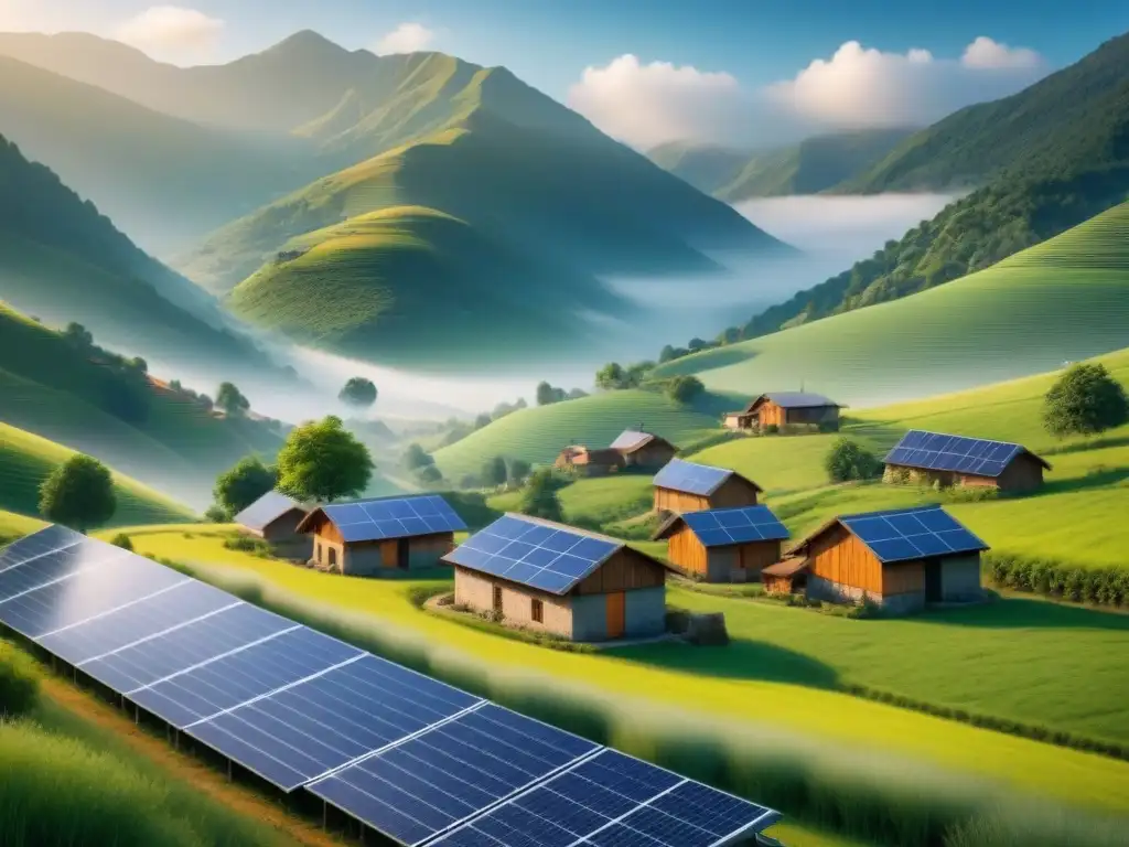 Un tranquilo pueblo rodeado de montañas verdes con microredes transformando comunidades sostenibles