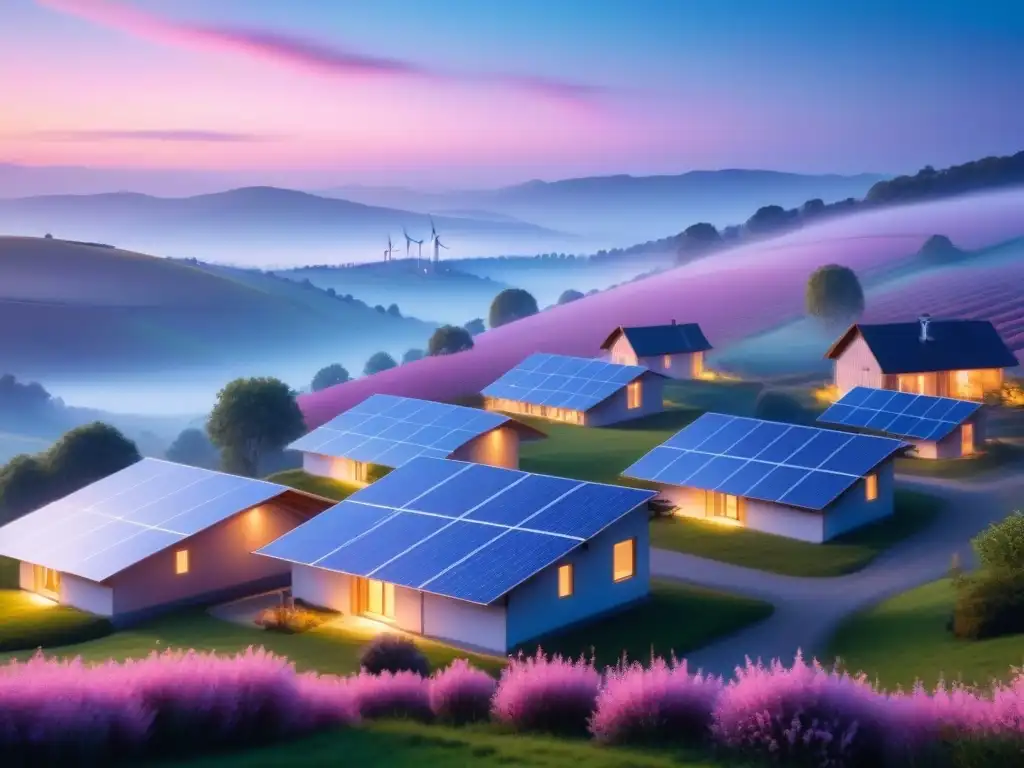 Un tranquilo pueblo rural iluminado por microredes híbridas eficiencia energética al anochecer, con paneles solares y turbinas eólicas integradas en el paisaje