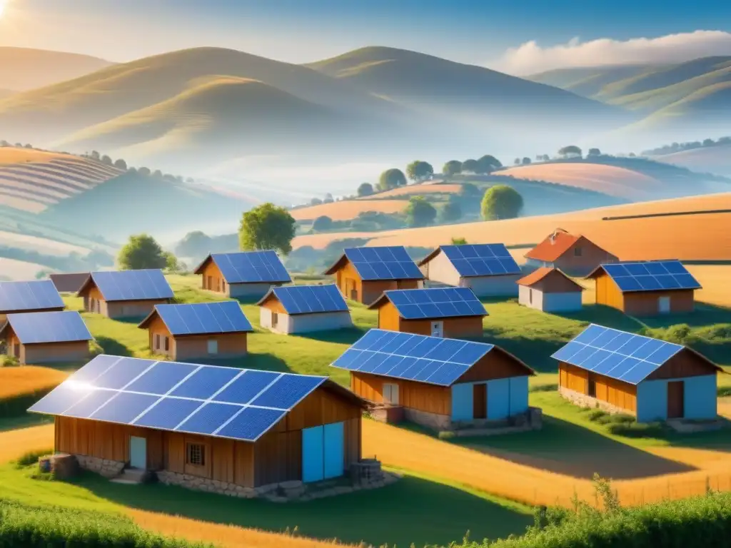 Un tranquilo pueblo rural con paneles solares en los techos, destacando el impacto socioeconómico de la energía solar en comunidades