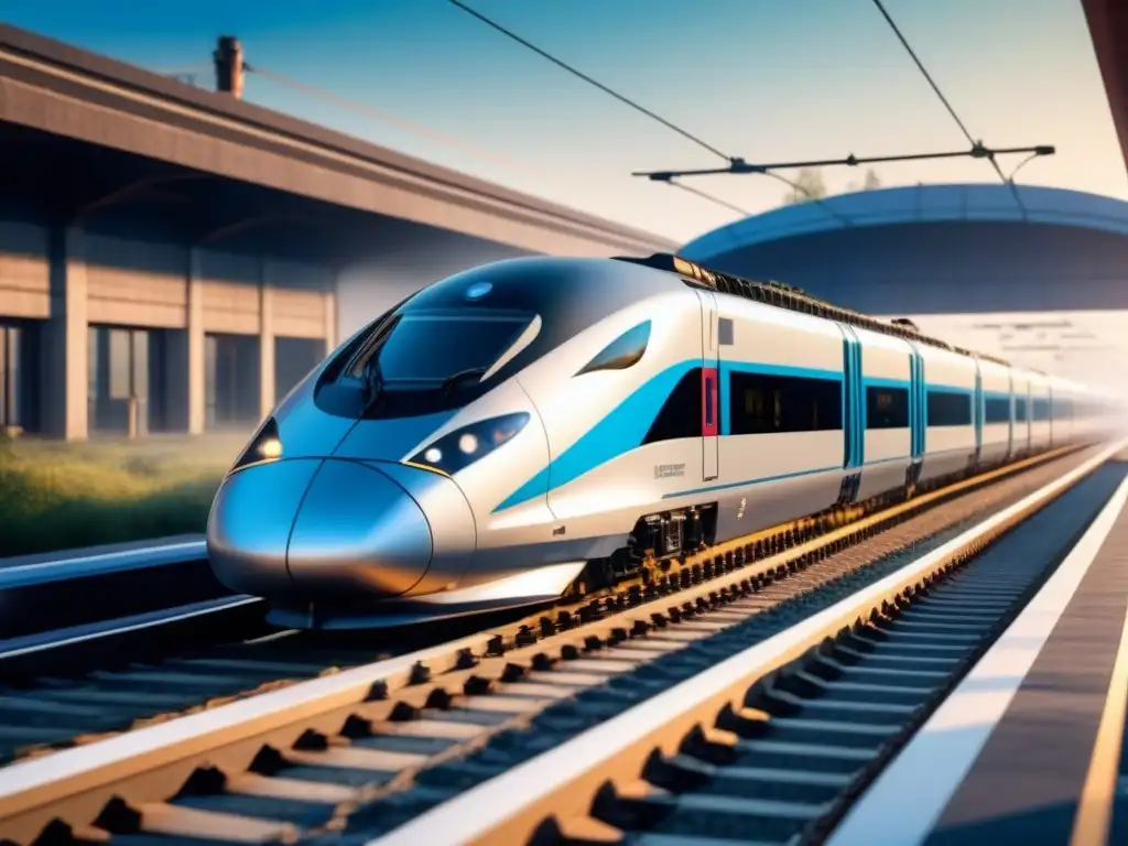 Tren de alta velocidad de diseño vanguardista en vías futuristas Un tren de alta velocidad con diseño vanguardista y materiales compuestos, deslizándose suavemente en vías futuristas bajo un cielo azul claro