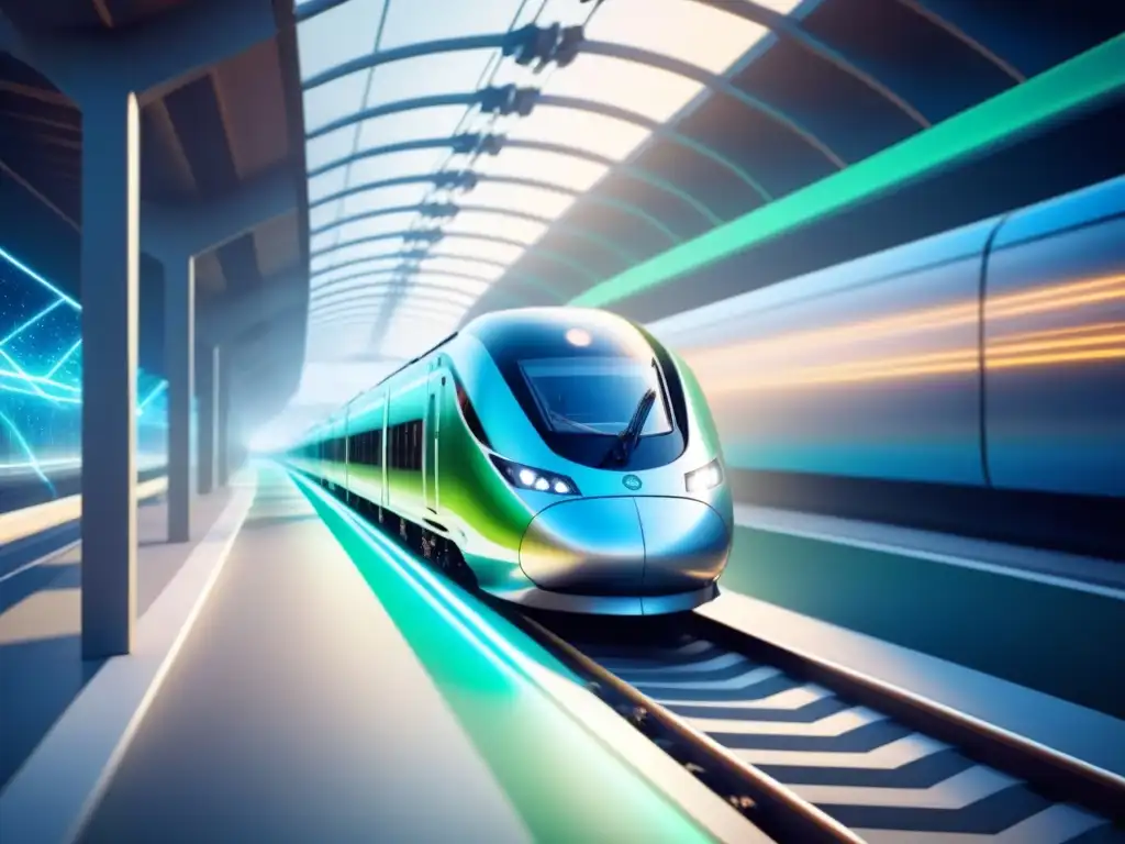 Un tren de alta velocidad se desliza sobre vías electrificadas brillantes, rodeado de nodos digitales, simbolizando la eficiencia del 5G en transporte