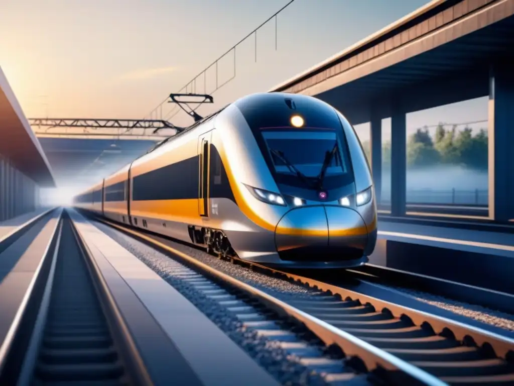 Avanzado tren futurista sobre vías de materiales compuestos Un tren futurista de diseño vanguardista y vías de materiales compuestos relucientes, destacando los beneficios de composites en ferroviaria