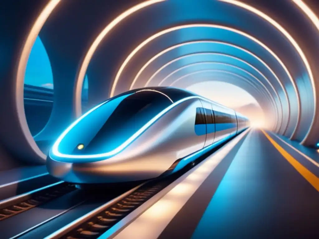 Un tren futurista de hyperloop avanza a gran velocidad por un túnel minimalista, destacando avances tecnológicos en industrias emergentes