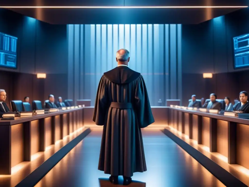 Un tribunal futurista con inteligencia artificial en juicio, fusionando tradición legal y tecnología