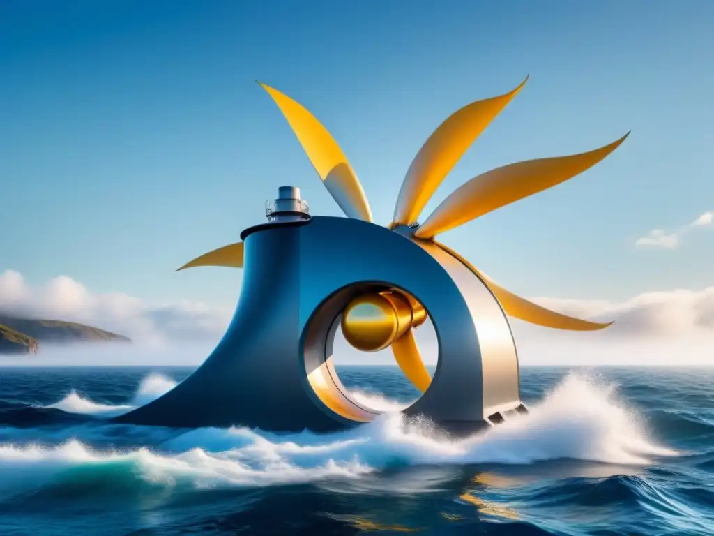 Una turbina de energía mareomotriz moderna en el mar azul, ilustrando la generación de energía azul del agua