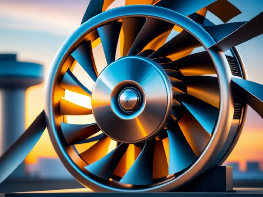 Un turbine industrial futurista girando con elegancia, destaca en un entorno impecable