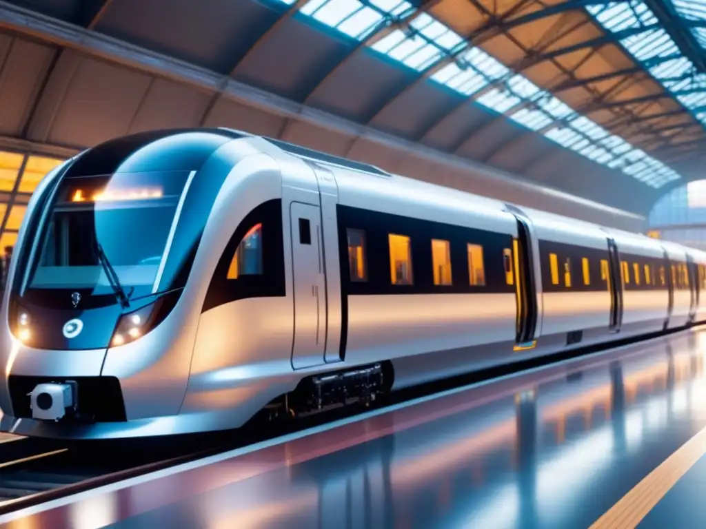 Carro de tren futurista de materiales compuestos Un vagón de tren moderno y elegante, hecho de materiales compuestos avanzados, en una estación ferroviaria