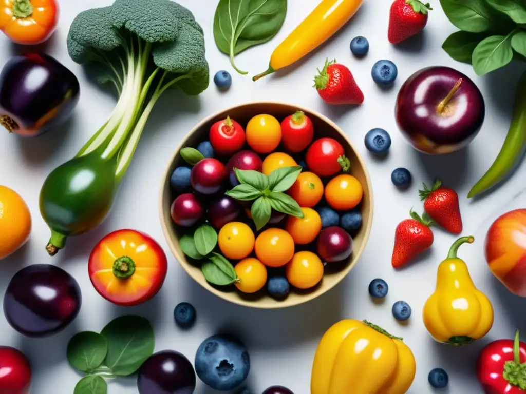 Variedad de alimentos frescos y coloridos en un patrón circular sobre mármol blanco