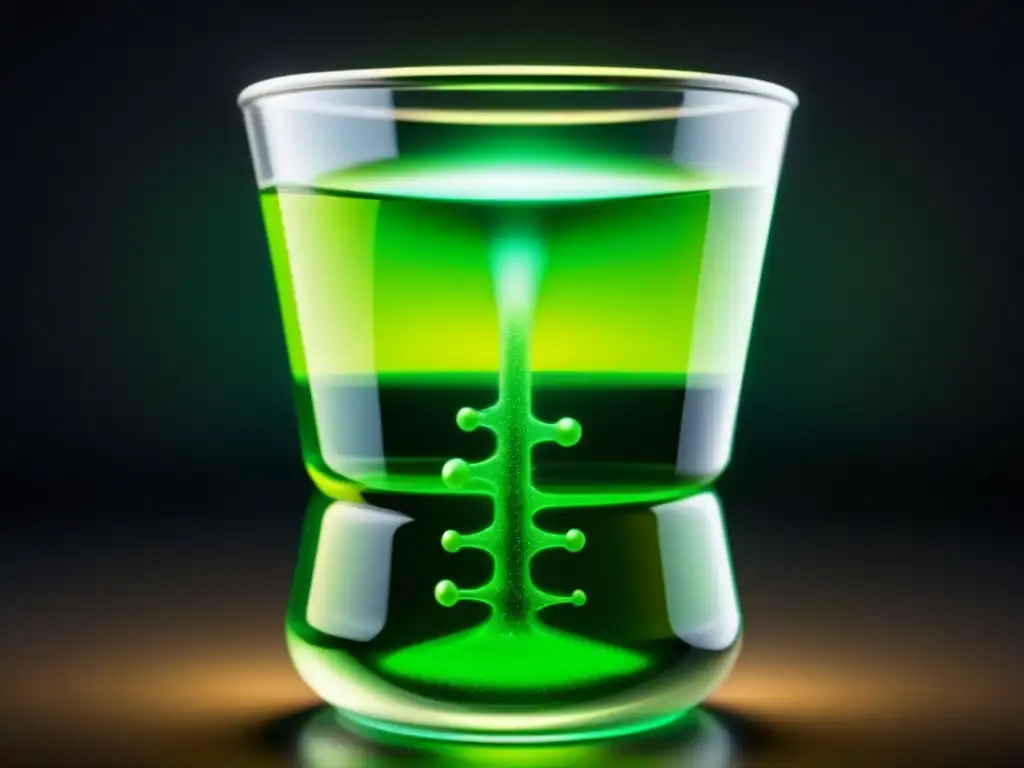 Un vaso transparente lleno de líquido verde brillante, irradiando luz en patrones intrincados