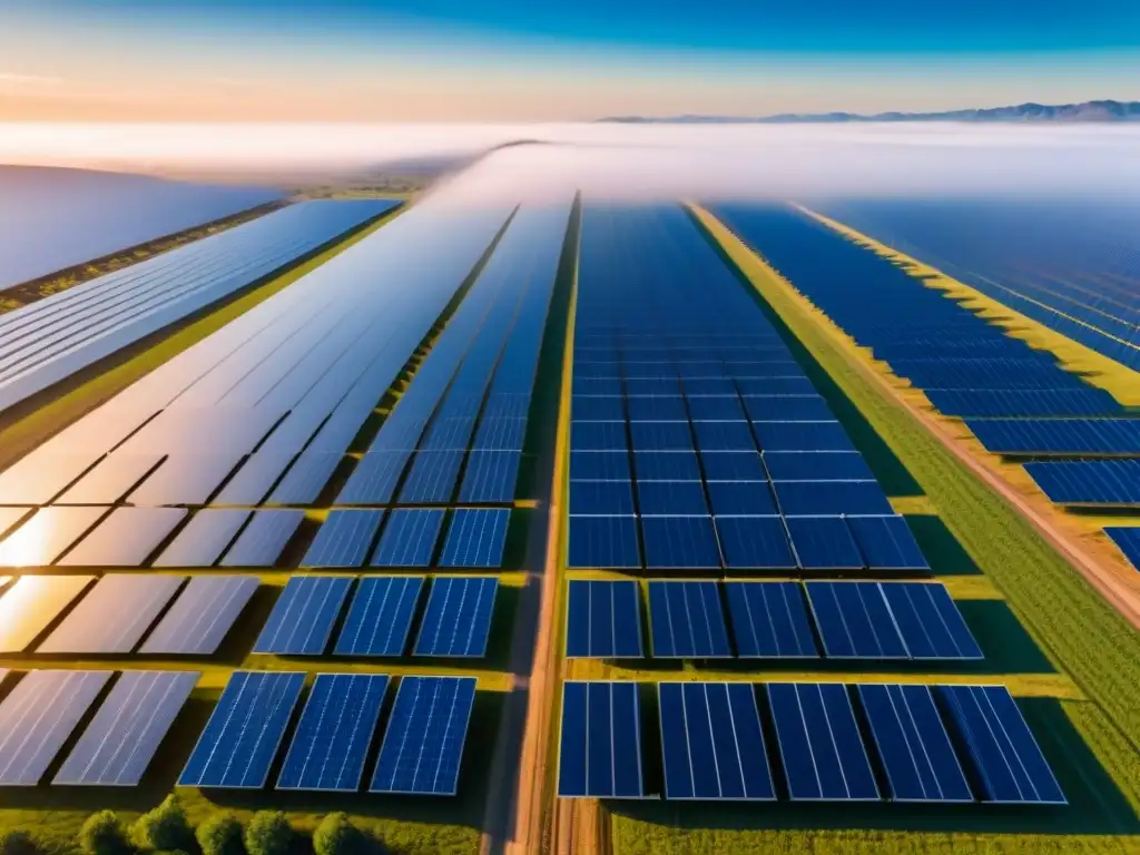 Vasto campo de paneles solares bajo el cielo azul, reflejando la luz solar