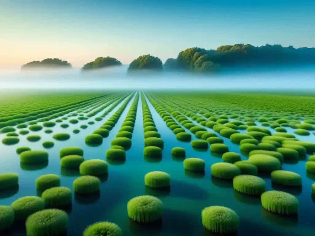 Un vasto cultivo de algas sostenibles se extiende bajo un cielo azul, simbolizando innovación y ecoamigabilidad