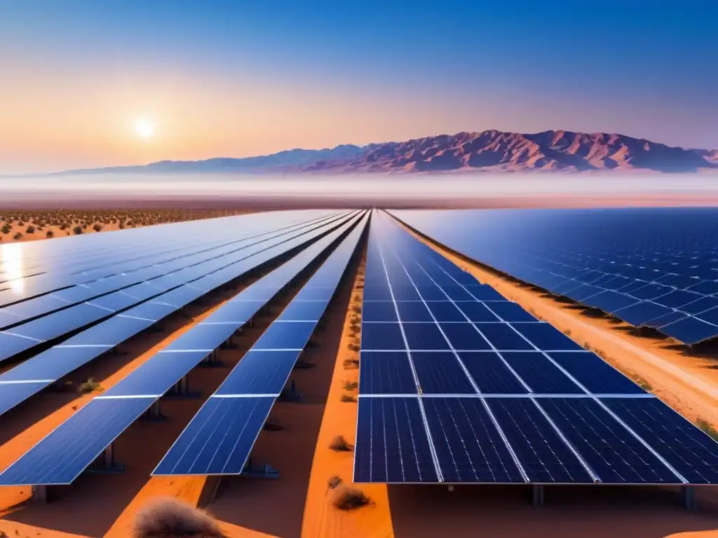 Un vasto desierto con modernos paneles solares brillantes, reflejando la integración de la energía solar en redes eléctricas modernas