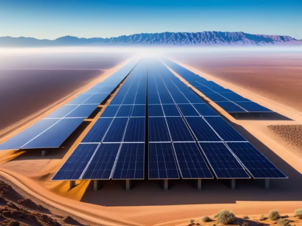 Un vasto desierto con paneles solares relucientes que reflejan el sol, simbolizando la esperanza de la desalinización solar agua sostenible