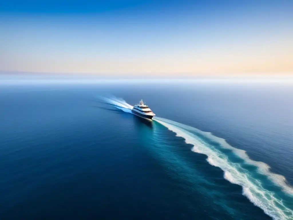 Un vasto océano bajo un cielo azul, con un barco en el horizonte, destaca la importancia de los Sistemas de comunicación marítima emergencia