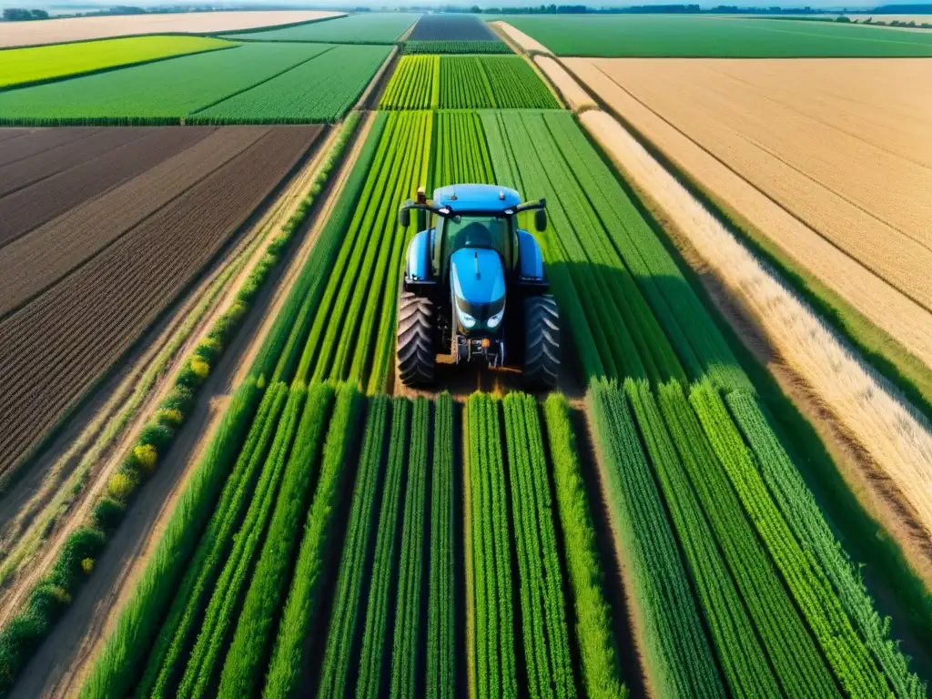 Modern tractor con GPS en vastos campos verdes