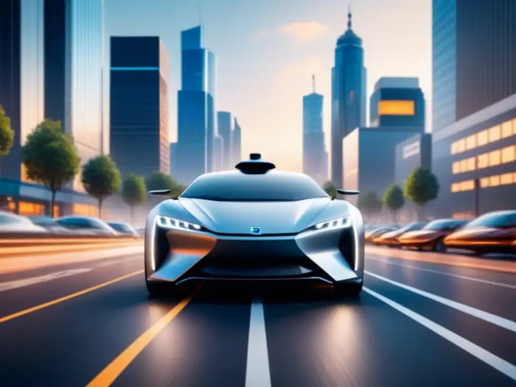 Un vehículo autónomo de diseño futurista en una ciudad compleja, con IA en sistemas autónomos tiempo real