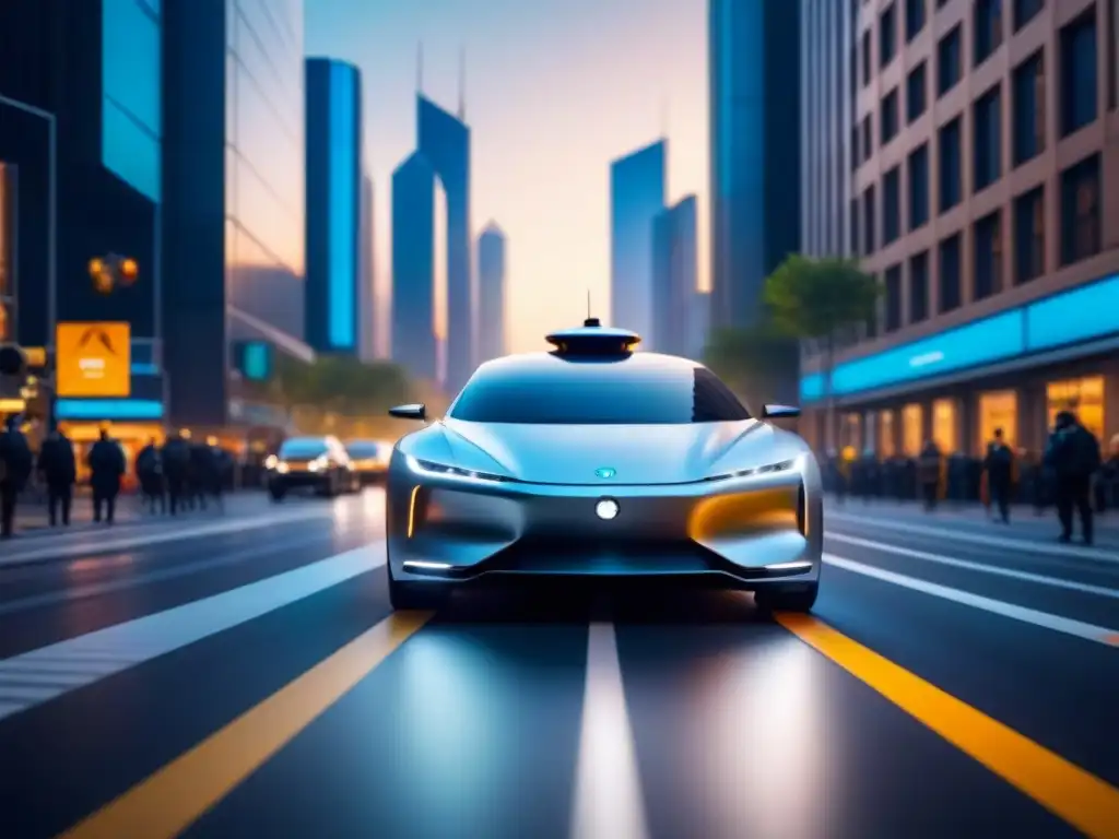 Un vehículo autónomo plateado recorriendo con precisión una ciudad futurista