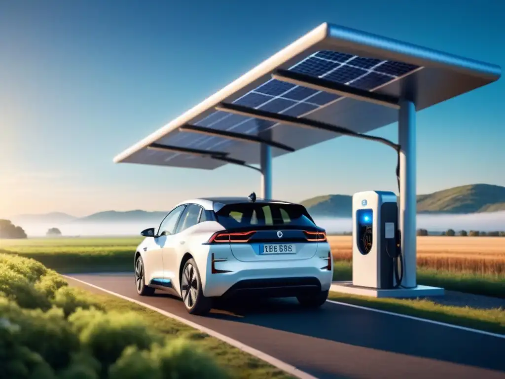 Vehículo eléctrico blanco cargando en estación solar, paisaje verde y cielo azul