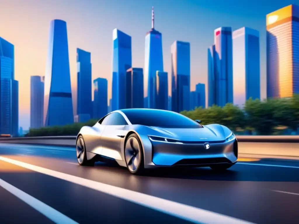 Vehículo eléctrico futurista en la ciudad: diseño automotriz innovador y sostenible