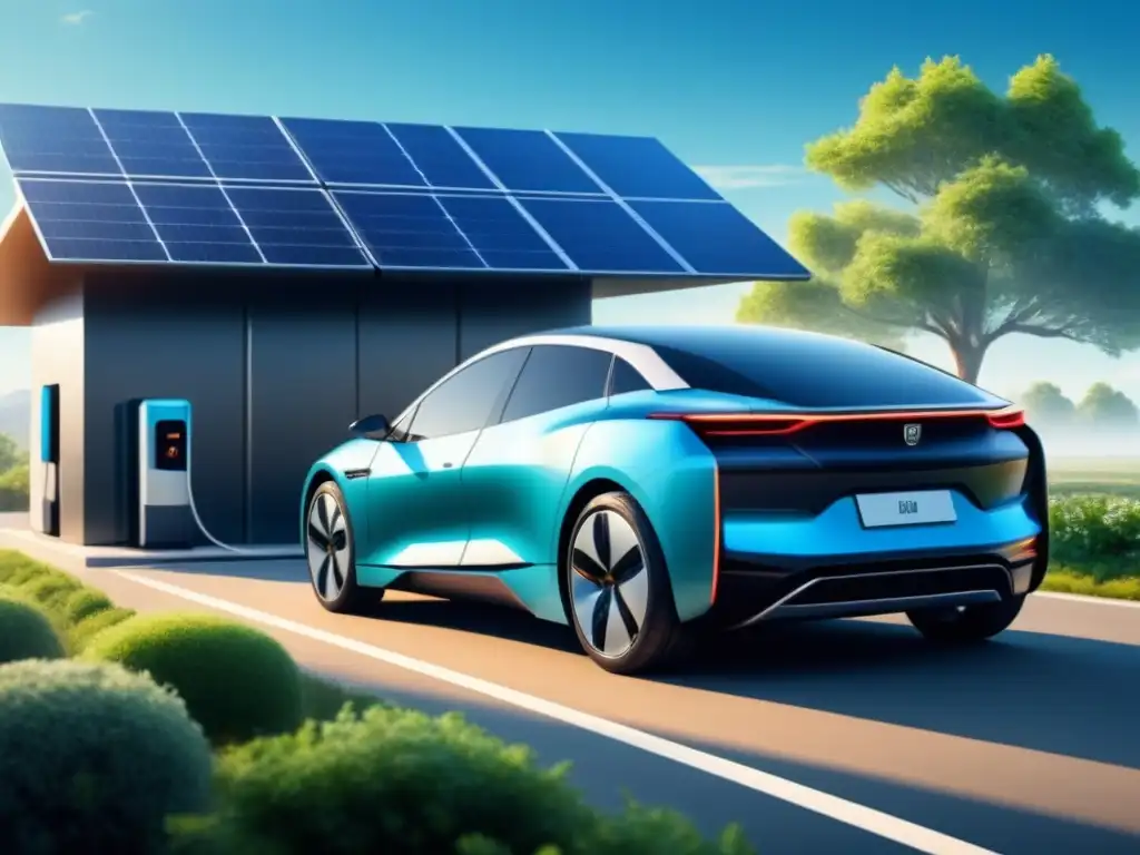Vehículo eléctrico futurista cargando en estación de energía renovable, rodeado de naturaleza y tecnología biocombustibles transporte sostenible