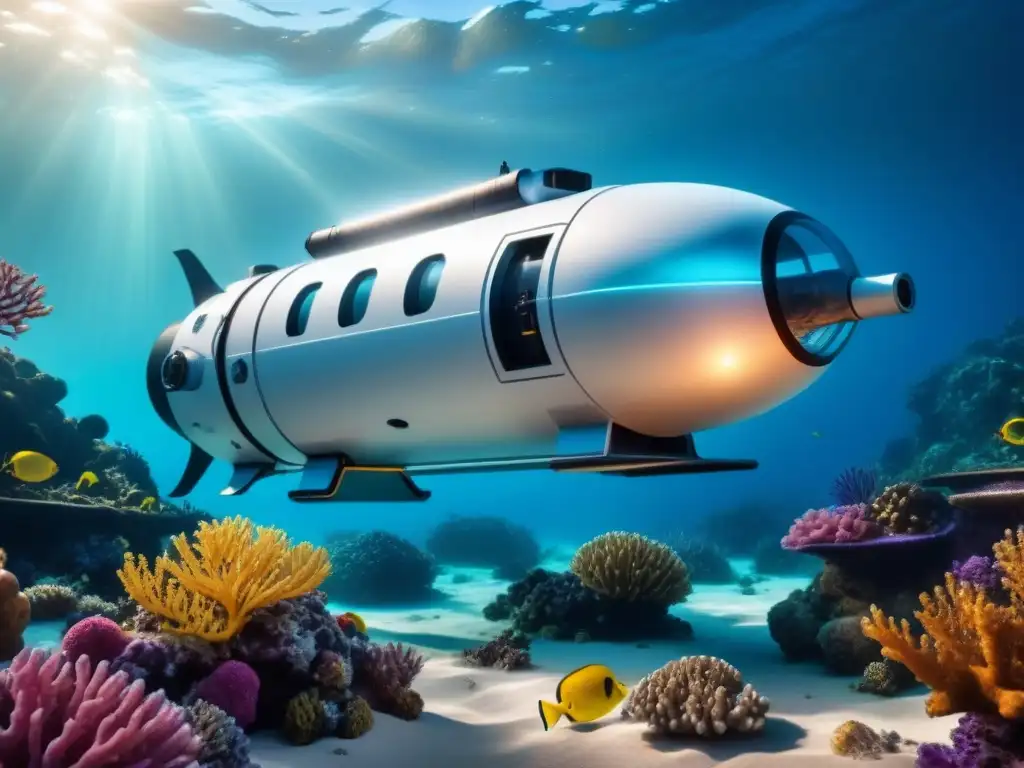 Vehículo submarino futurista explorando el fondo marino con tecnología sostenible, rodeado de vida marina y arrecifes de coral coloridos