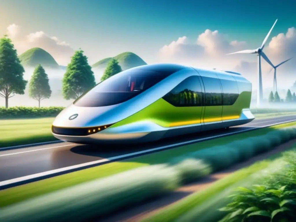 Un vehículo de transporte industrial sostenible deslizándose en un paisaje verde y futurista