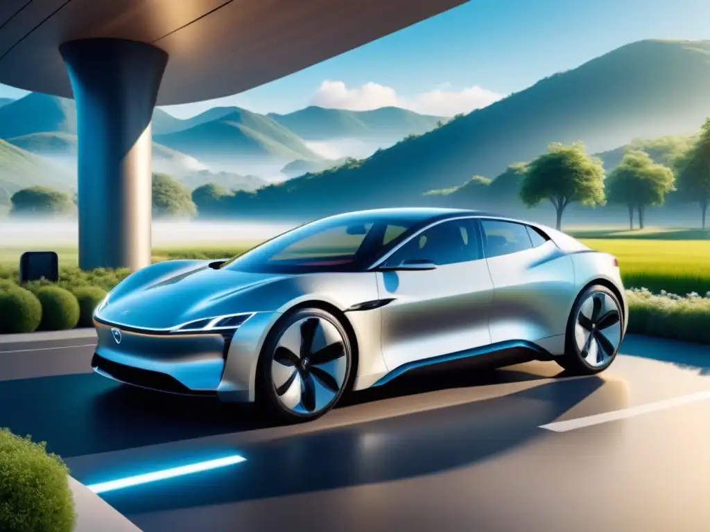 Vehículos eléctricos más esperados 2022: Coche eléctrico futurista en estación de carga moderna, rodeado de naturaleza y cielo azul claro