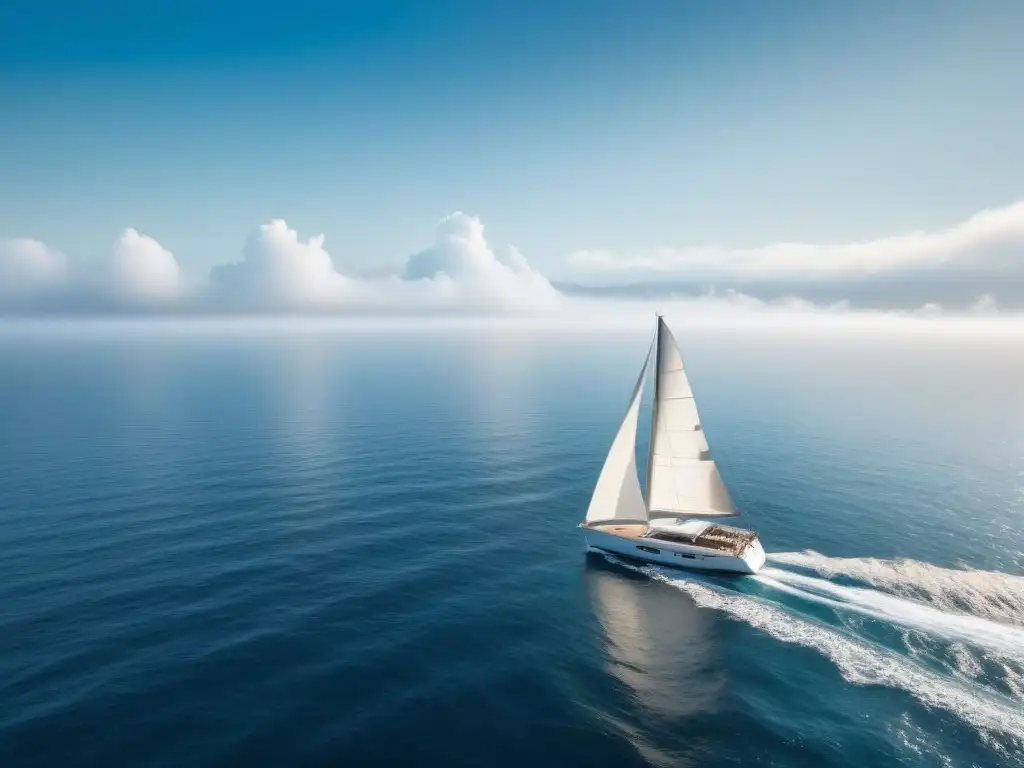 Un velero blanco navegando en un océano tranquilo y vasto bajo un cielo azul claro, simbolizando la armonía y la sostenibilidad en el mar