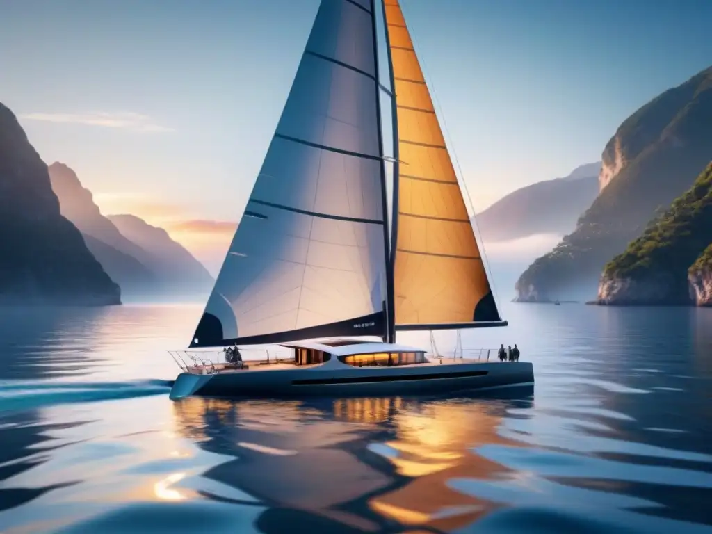 Un velero futurista y sostenible surca aguas cristalinas al atardecer