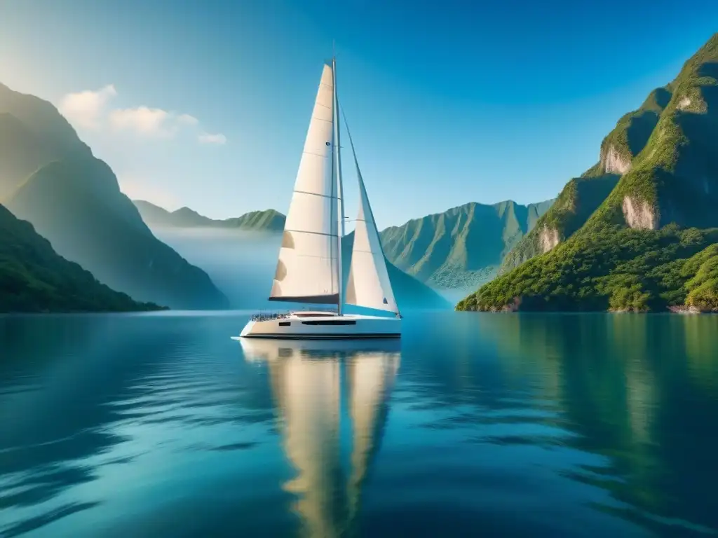 Un velero moderno surcando aguas cristalinas bajo un cielo azul, rodeado de montañas verdes