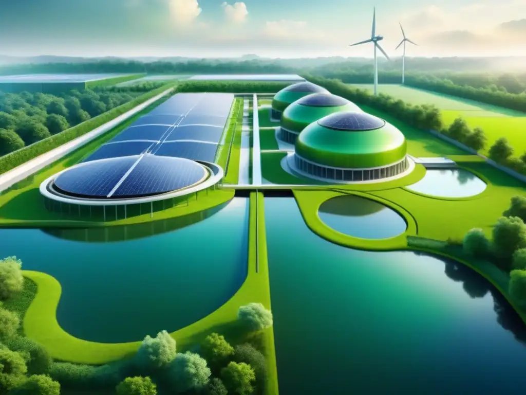 Ingeniería verde en gestión del agua industrial: planta moderna rodeada de naturaleza vibrante y tecnología ecoamigable