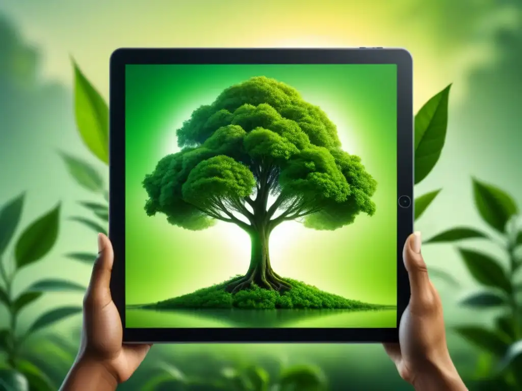 Innovación verde: árbol creciendo de una tablet, fusionando naturaleza y tecnología para sostenibilidad