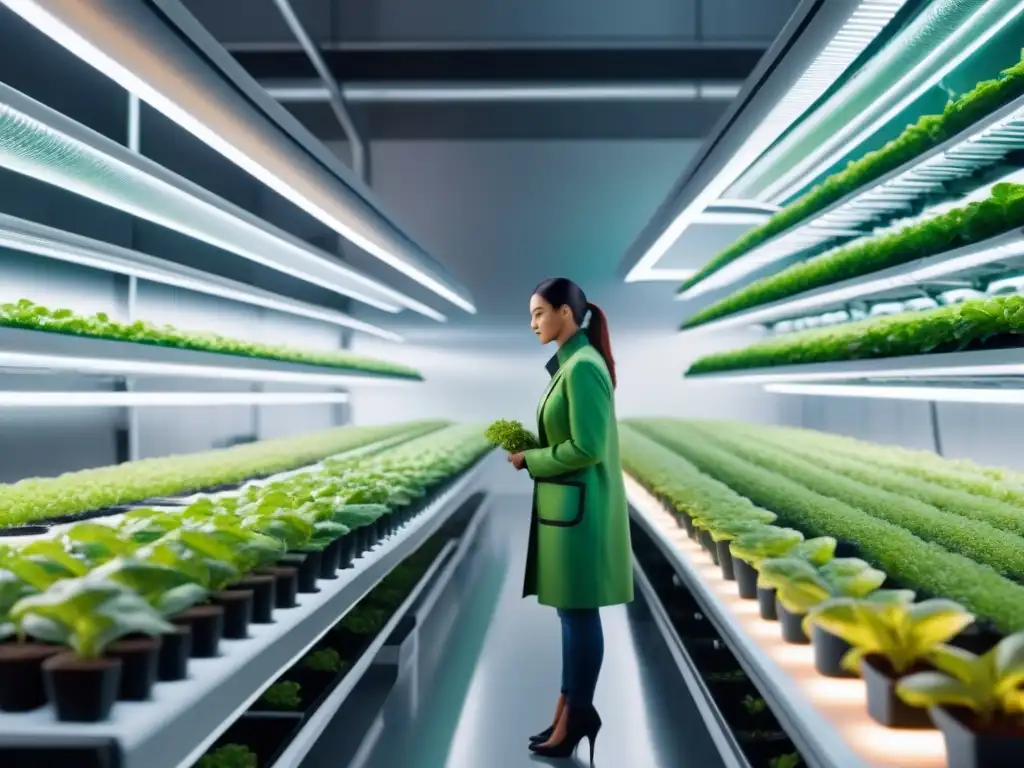 Vertical farm futurista con tecnología avanzada, plantas vibrantes y robots