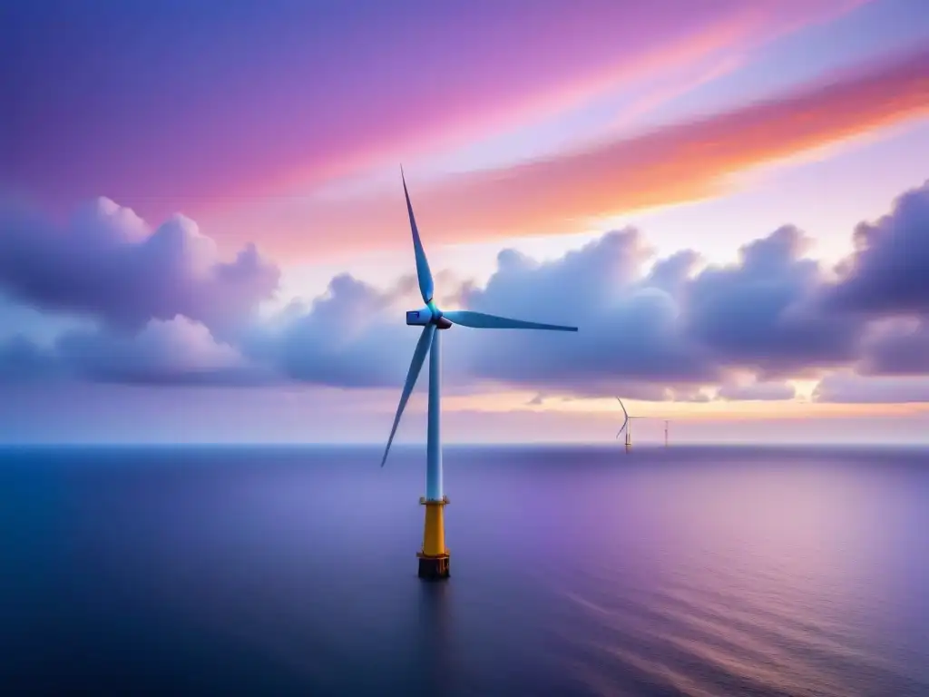 Viabilidad económica de proyectos energía eólica: Atardecer sereno en el océano con un molino solitario girando al horizonte