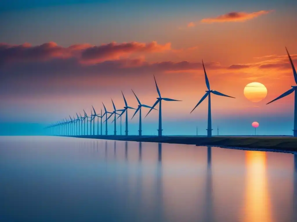 Viabilidad económica proyectos energía eólica: Impresionante parque eólico marino al atardecer, con turbinas contra un cielo naranja y mar sereno