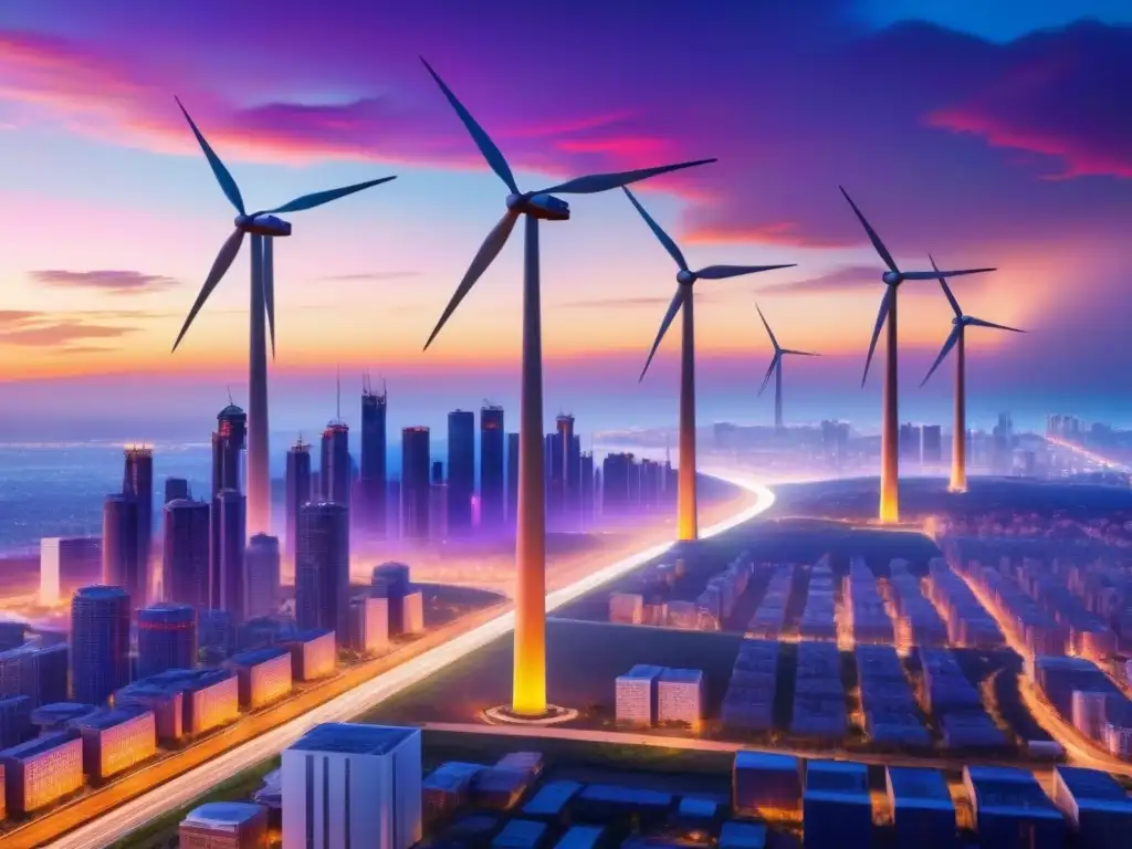 Viabilidad de la energía eólica urbana: moderna ciudad al atardecer con aerogeneradores integrados en el paisaje urbano, generando energía renovable