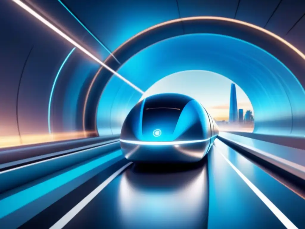 Viaje rápido en pod futurista por túnel hightech con ciudad digital al fondo en azules y tonos metálicos