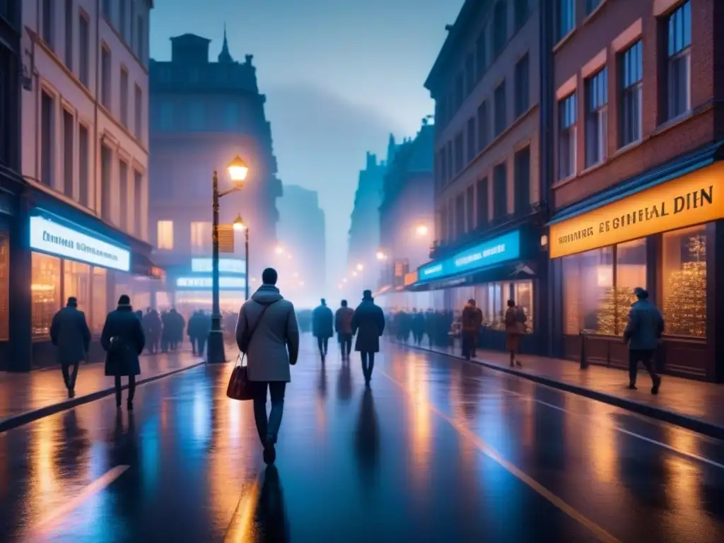 Vibrante calle nocturna con sensores fotónicos para smart cities, fusionando tecnología y vida urbana