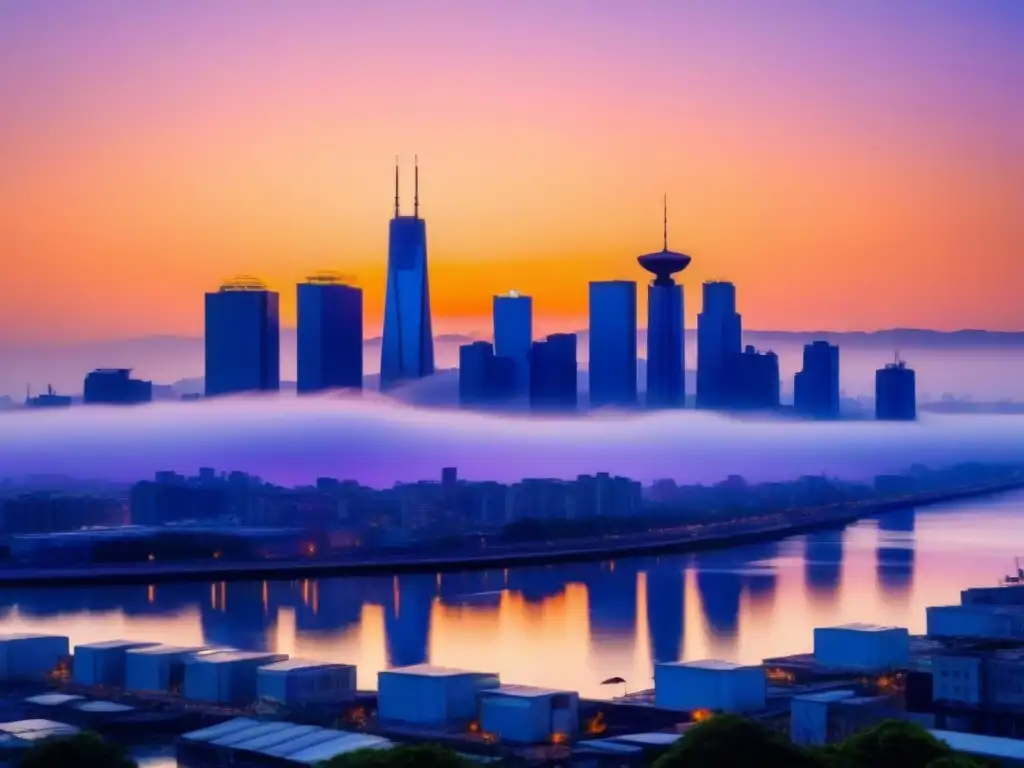 Vibrante ciudad al atardecer con símbolos de reciclaje integrados en edificios