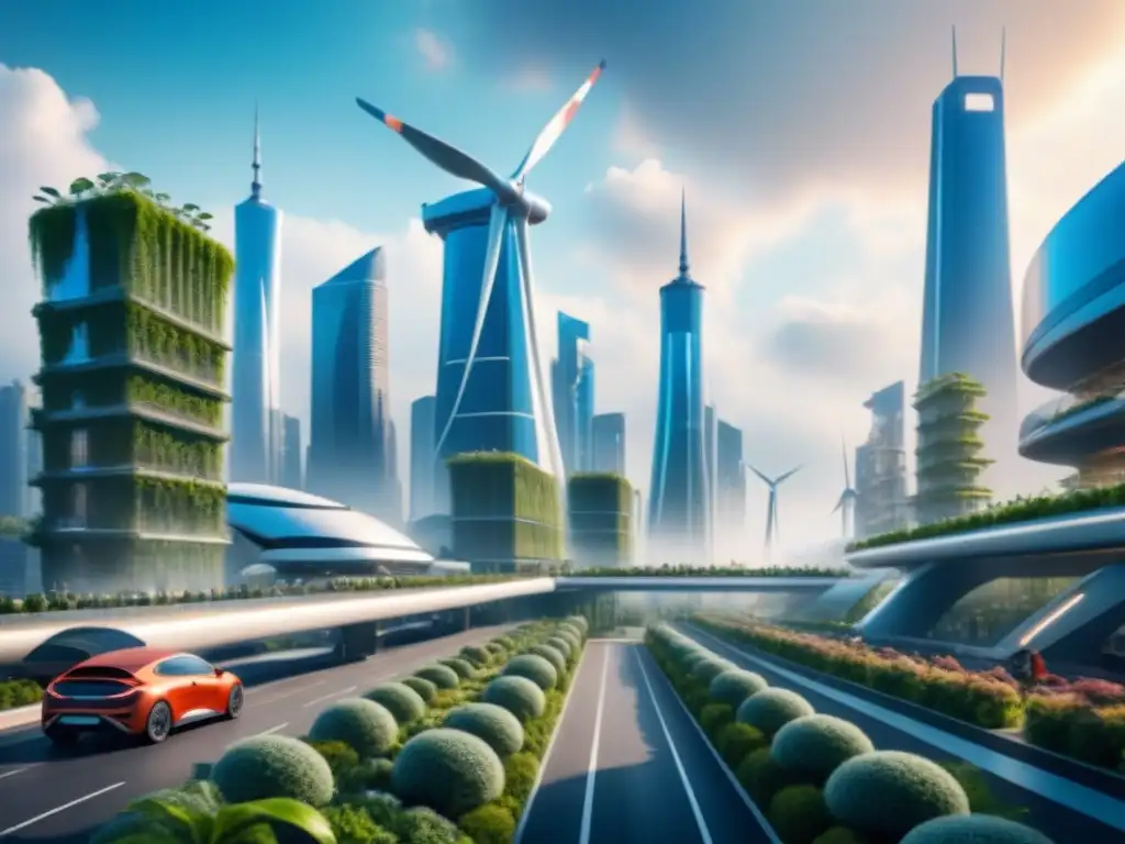 Vibrante ciudad futurista con infraestructuras sostenibles y vegetación, reflejando las tendencias infraestructuras urbanas sostenibles