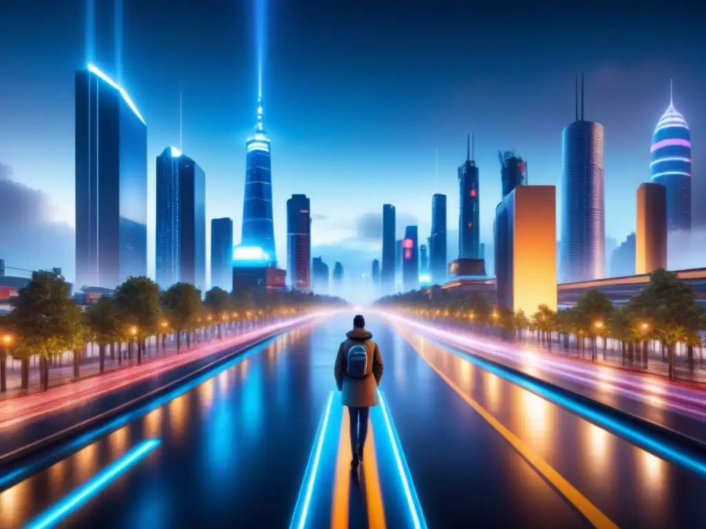 Vibrante ciudad futurista de noche iluminada por sensores fotónicos para smart cities