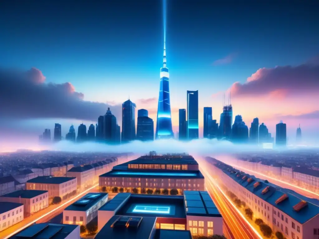 Vibrante ciudad futurista de noche con sensores fotónicos para smart cities, una fusión de innovación y sofisticación urbana