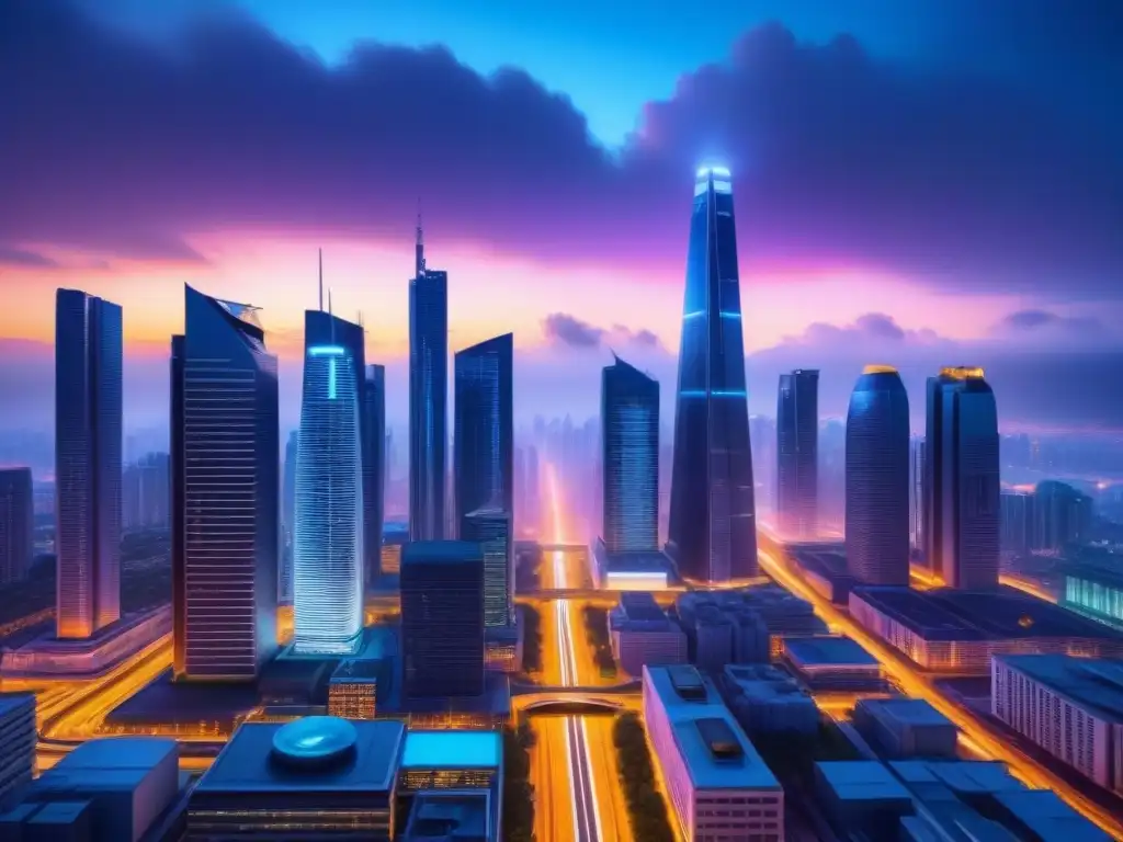 Vibrante ciudad futurista de noche con edificios interconectados y sistemas de transporte avanzados