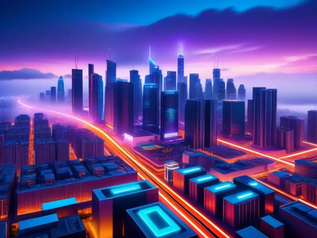 Vibrante ciudad futurista de noche con edificios iluminados por luces neón, simbolizando la optimización estrategias industrias avanzadas