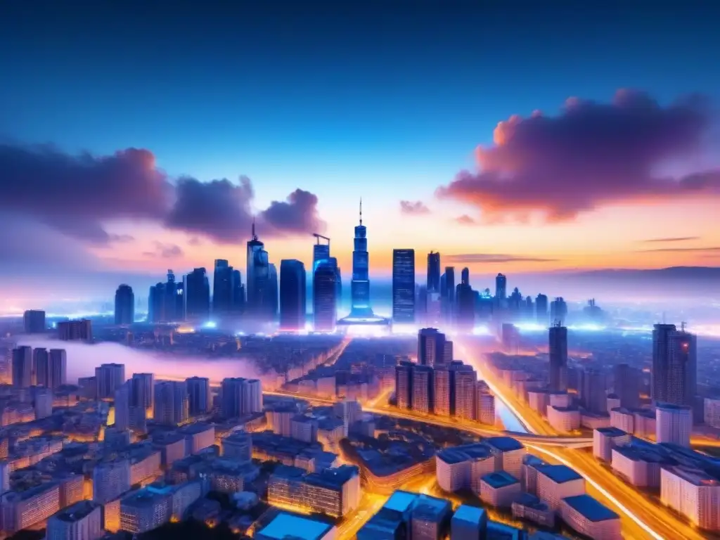 Vibrante ciudad futurista de noche con IA en gestión de riesgos financieros