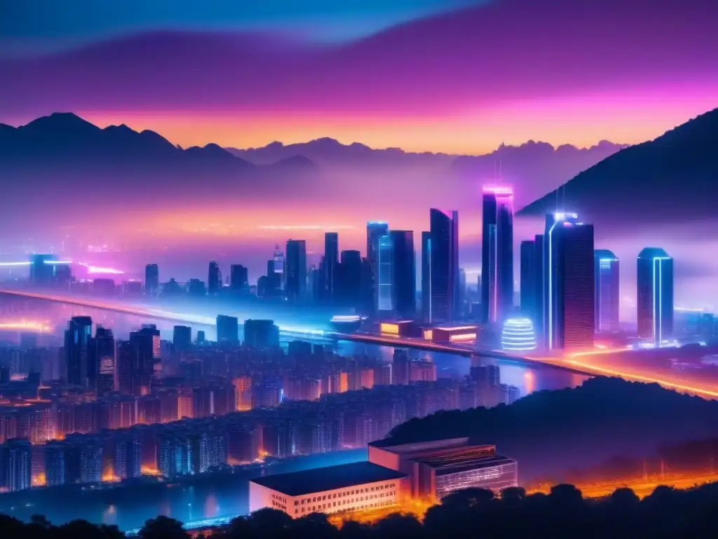Metrópolis futurista: luces neon y alta tecnología Vibrante ciudad futurista de noche con rascacielos minimalistas iluminados por luces neón, reflejando una cultura de seguridad en infraestructuras críticas