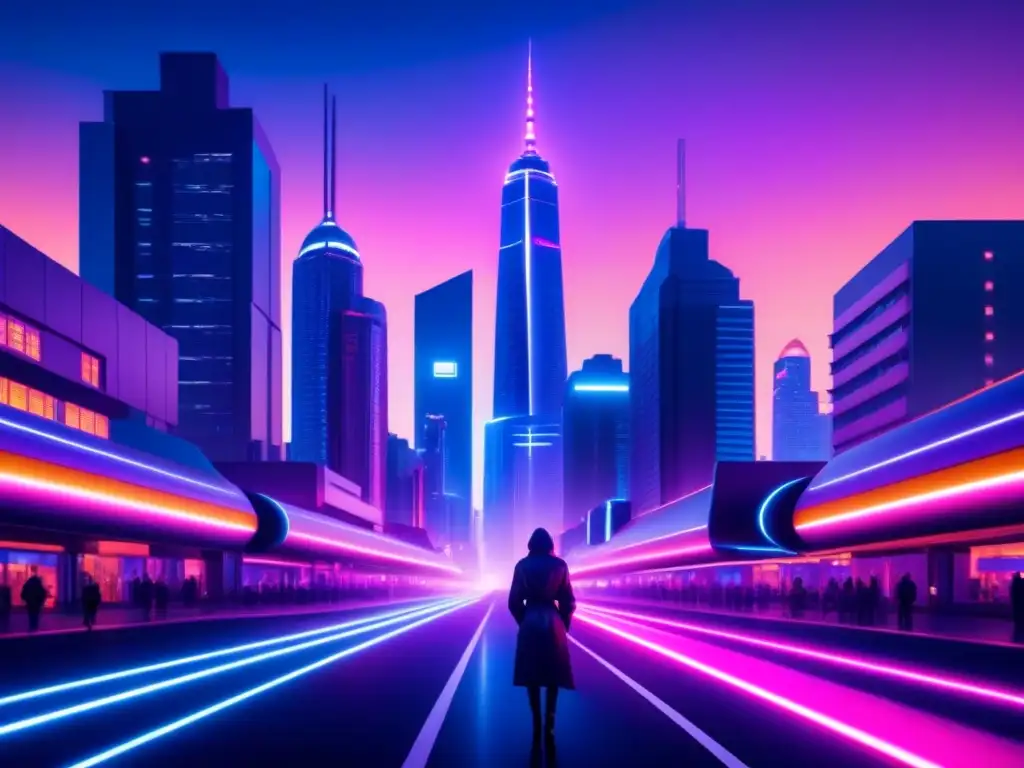 Vibrante ciudad futurista de noche, con luces de neón e IA en Marketing Digital 2021