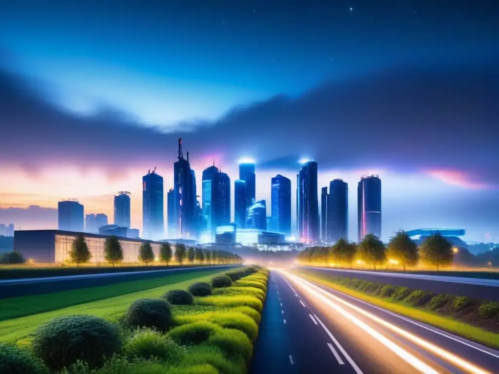 Vibrante ciudad futurista de noche, con energía innovadora de reciclaje